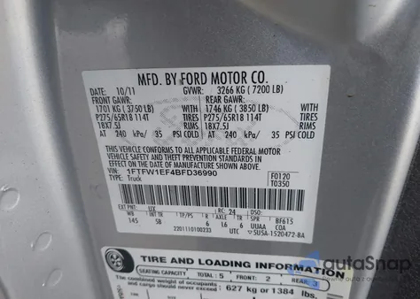 2011 Ford F-150 Fx4 z USA, uszkodzony, nr VIN 1FTFW1EF4BFD36990